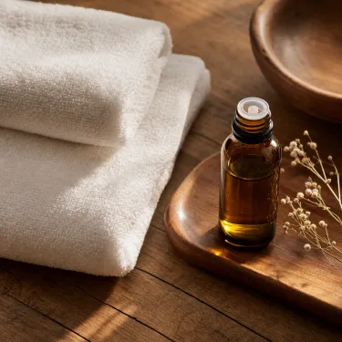 Folded towels and massage oil arranged beside a treatment table