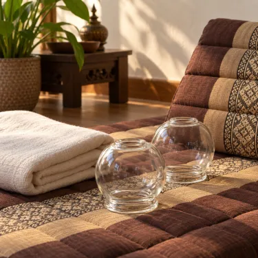 Cupping cups resting on a mat beside a Thai massage pillow and folded cloth.