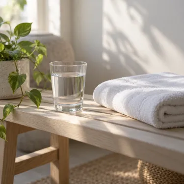 A water glass and a folded towel on a bench in soft morning light.