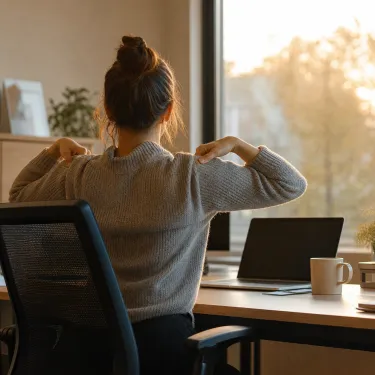 Office worker rolling their shoulders back at a desk in the late afternoon