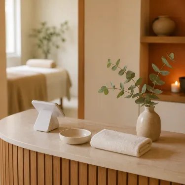 A reception desk with a card reader, a small dish and a folded towel in a calm massage studio.