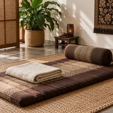 Hands pressing along the back of a clothed leg on a floor mat.