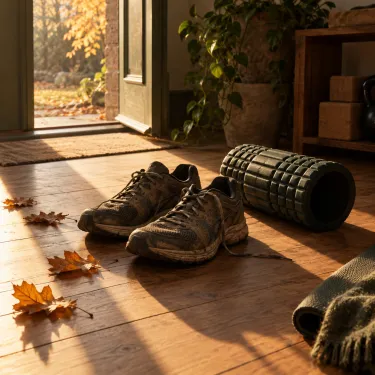 A pair of worn running shoes and a foam roller by a studio doorway at dawn.