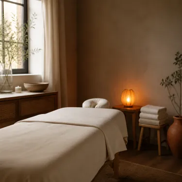 A quiet massage room with a made table, folded towels and a low lamp, ready for a first appointment in Newport Beach.
