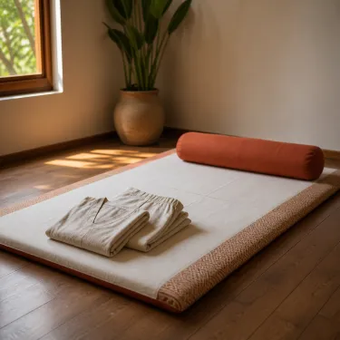 A Thai massage mat on the floor with folded loose cotton clothing and a bolster, set up for a clothed session.