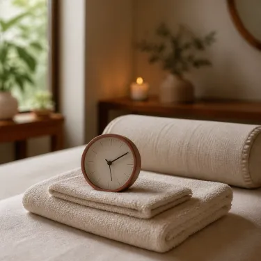 A small clock beside neatly folded towels and a bolster at the end of a massage table.