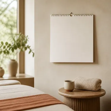 A wall calendar and a folded towel on a side table in a massage studio, suggesting a regular standing appointment.