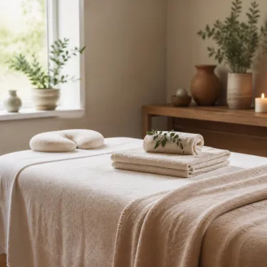 Soft folded towels and a light blanket on a massage table in a calm, bright treatment room.