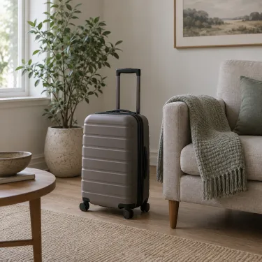 A small suitcase standing beside a folded blanket in a calm reception room.