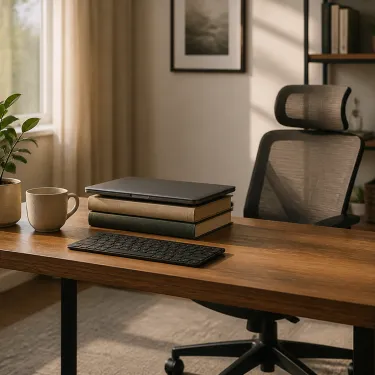 An empty ergonomic desk chair beside a laptop at a raised monitor height, in warm evening light
