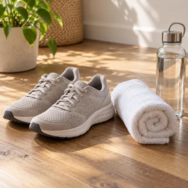 Running shoes beside a rolled towel on a wooden studio floor.