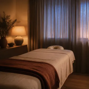 A dimly lit treatment room in the evening with a warm lamp, folded blanket and a made massage table.