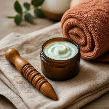 A wooden reflexology stick and a jar of peppermint cream beside a warm rolled towel on folded linen.