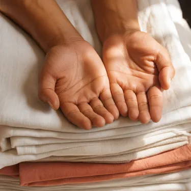 A pair of open hands resting palms-up on a folded stack of clean white linen