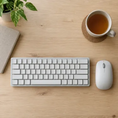 A computer mouse and a compact keyboard on a desk, seen from above.