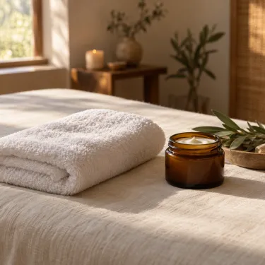 A folded warm towel and a jar of deep tissue cream on a linen massage sheet.