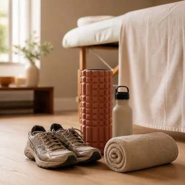 Running shoes, a foam roller and a rolled towel beside a massage table in a Newport Beach treatment room.