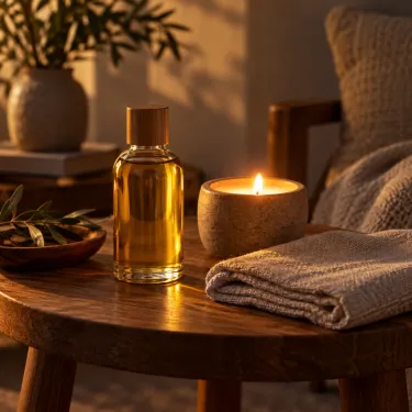 A bottle of warmed organic massage oil beside a candle on a quiet side table.