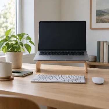 A laptop raised on a stand beside a separate keyboard on a plain desk.