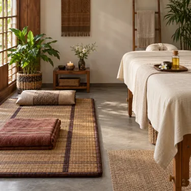 A Thai floor mat on one side and an oiled massage table on the other.
