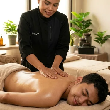 Close-up of firm deep tissue pressure along a client’s back