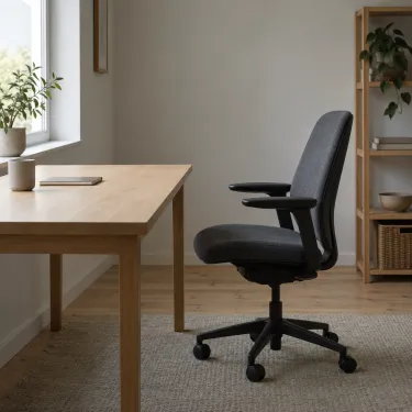 An empty office chair pushed back from a desk in flat daylight.