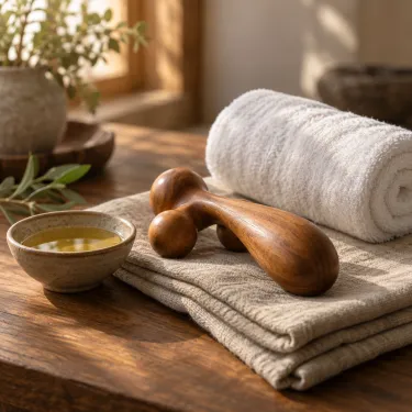 A therapist forearm resting on an oiled upper back, shot close and low.