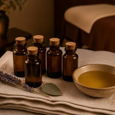Small amber bottles of essential oil on a folded towel beside a warmed oil bowl in a treatment room