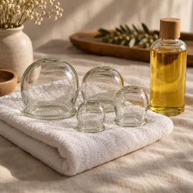 Glass cupping cups arranged beside a bottle of oil on a folded towel.