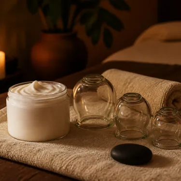 An open jar of thick deep-tissue massage cream beside three glass cupping cups on a folded towel in a treatment room
