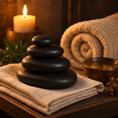 Smooth black basalt stones stacked beside a warm towel on folded linen.