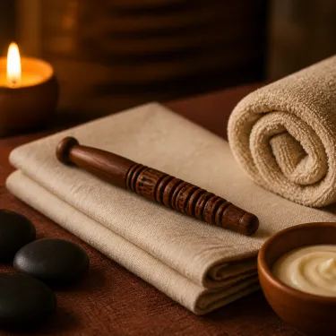 A wooden reflexology pressure stick, a rolled warm towel and smooth basalt stones on folded linen in a treatment room