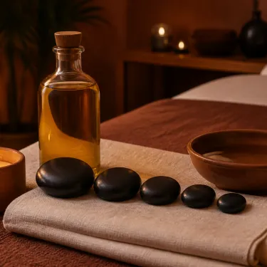 A bottle of warmed organic massage oil and smooth black basalt stones arranged on folded linen in a treatment room