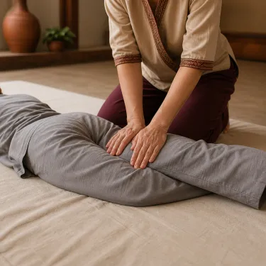 A therapist pressing with flat palms along the back of a fully clothed client's leg