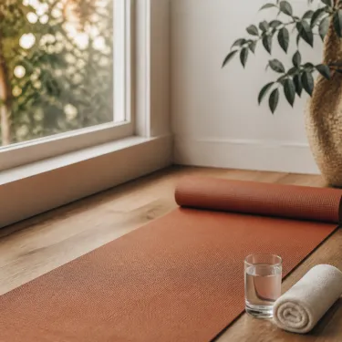 A yoga mat, a water glass and a rolled towel on a wooden floor by a window, set up for a short daily stretch.