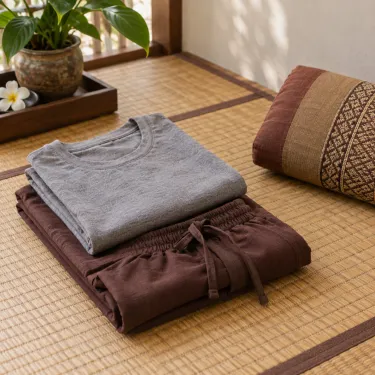 Folded cotton massage trousers and a soft top on a Thai floor mat.