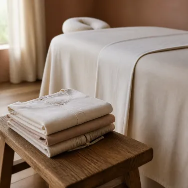 Loose cotton clothes folded on a bench beside a massage table with a neatly turned top sheet.