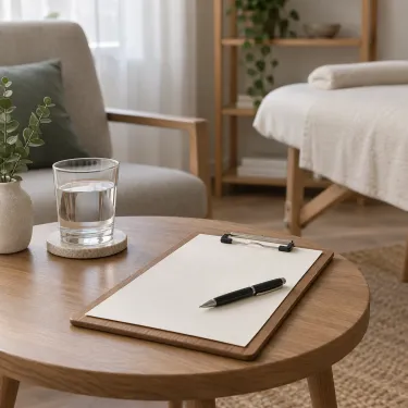 A clipboard, a pen and a glass of water on a small table in a treatment room.