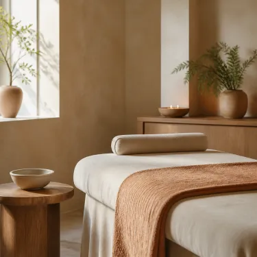 A treatment room at Yolie's Wellness Massage in Newport Beach with folded linens, a warm towel and a bolster ready on the table before a session.